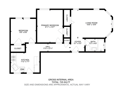 A black and white floor plan of a house with a living room, two bedrooms, a bathroom, a kitchen, and a foyer.